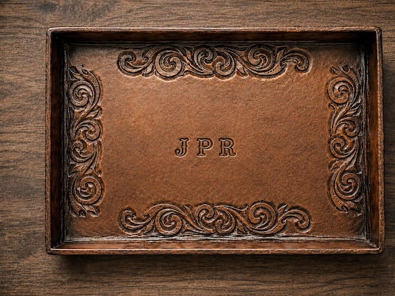 Tooled Leather Valet Tray, Personalized EDC Catchall, Handmade Desk Organizer, Rustic Gift for Men