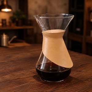 Può includere: Una caffettiera a filtro in vetro trasparente con una parte superiore svasata e una base arrotondata contenente caffè marrone scuro. Un rivestimento in pelle color cuoio chiaro avvolge il collo stretto della caraffa, fissato con una piccola chiusura nera.