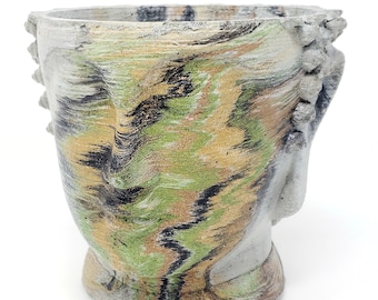 Marbled Buddha Head Concrete Plant Pot - Multiple Color Options - Indoor/Outdoor Cement Planter - Meditation Sculpture for Zen Gardens