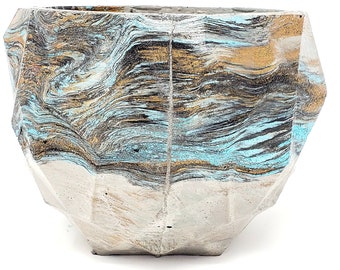 Blue Marbled Concrete Planter • Modern Succulent Pot • Geometric Faceted Plant Pot • Handmade Concrete Planter with Drainage Option