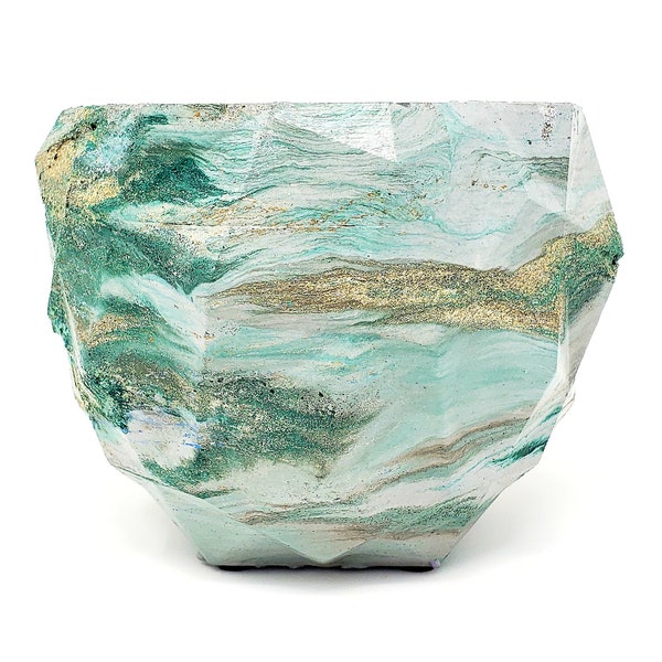 Marbled Concrete Planter Geometric  - Green and Gold Marbling - Indoor / Outdoor Plant Pot