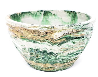 Marbled Concrete Planter Wave Bowl Geometric  - Green and Gold Marbling - Indoor / Outdoor Plant Pot