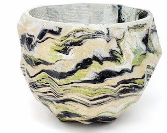 Marbled Concrete Planter Geometric  - Green Gold and Black Marbling - Indoor / Outdoor Plant Pot