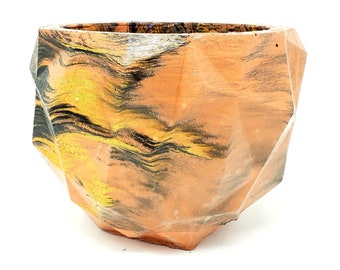 Marbled Concrete Planter Geometric  - Red Gold and Black Marbling - Indoor / Outdoor Plant Pot