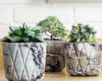 Multicolor Geometric Lattice Concrete Planter - Indoor/Outdoor Flower Pot - 2 Sizes - Marbled Cement Plant Pot - Many Color Options!