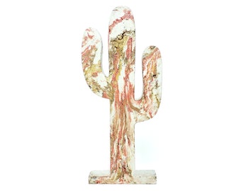 Concrete Cactus Statue - Red and Gold Marbling - Garden Decor