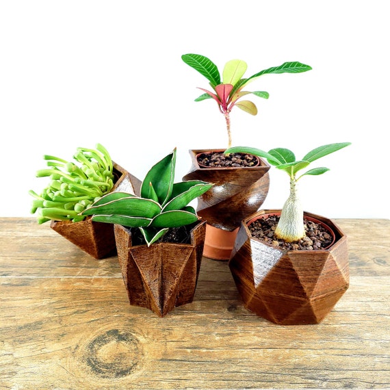 SET OF 4 3D Printed Wood Geometric Small Plant Pots. Modern