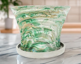 Marbled Concrete Planter Large Waves - Gold and Green Marbling - Indoor / Outdoor Plant Pot