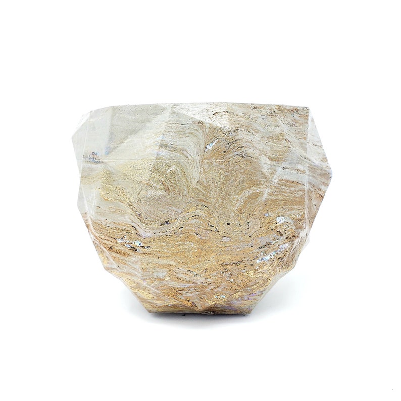 Marbled Concrete Planter Geometric Gold White and Brown Marbling Indoor / Outdoor Plant Pot image 2