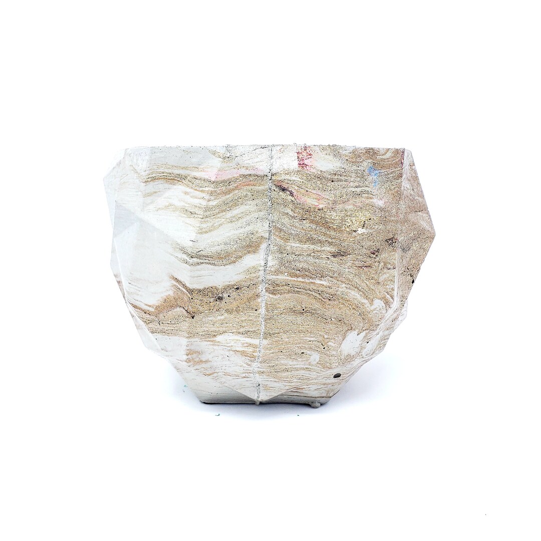 Marbled Concrete Planter Geometric Gold and Brown Marbling Indoor