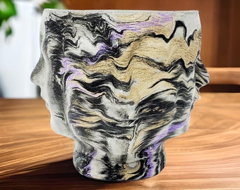 Marbled Concrete Planter Faces Head Pot  - Purple Brown and Black Marbling - Indoor / Outdoor Plant Pot