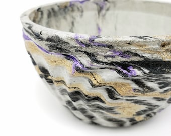 Marbled Concrete Planter Wave Bowl Geometric  - Purple Brown and Black Marbling - Indoor / Outdoor Plant Pot