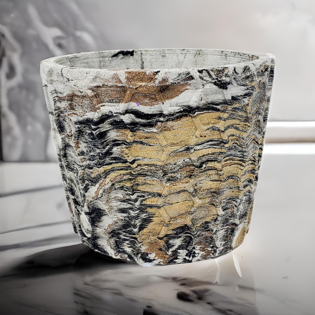 Marbled Concrete Planter Geometric Gold and Black Marbling