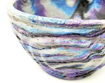 Marbled Concrete Planter Wave Bowl Geometric  - Purple Blue and Black Marbling - Indoor / Outdoor Plant Pot