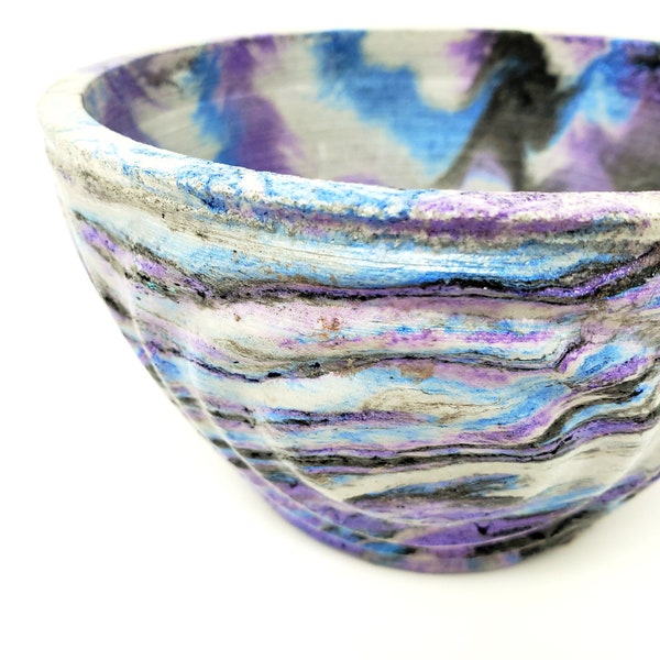 Marbled Concrete Planter Wave Bowl Geometric  - Purple Blue and Black Marbling - Indoor / Outdoor Plant Pot