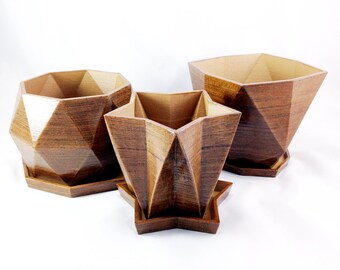 Planter with Saucer Set of 3 Wood Grain Effect 3D Printed Indoor Flower Succulent Cacti Pot Geometric Shape Modern Container