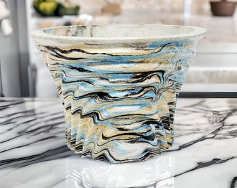 Marbled Concrete Planter Large Waves - Blue Gold and Black Marbling - Indoor / Outdoor Plant Pot