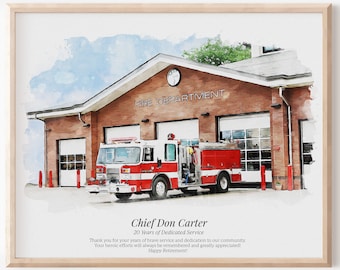 Firefighter Retirement Gift, Watercolor Portrait from Photo