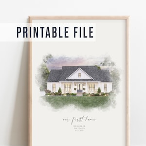 May include: A watercolor illustration of a white house with a black door and a green lawn. The text "our first home" is written below the house, along with the address "989 Sugar Dr, Dalton, GA" and the date "Est. 2023".