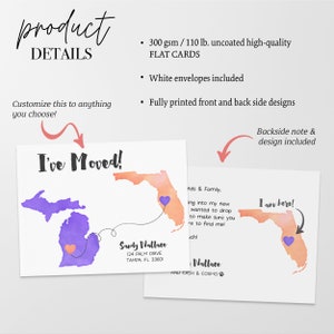 Puede incluir: Un conjunto de dos postales de anuncio de mudanza con ilustraciones de acuarela de Michigan y Florida. El frente de la tarjeta dice "&iexcl;Me mud&eacute;!" e incluye la nueva direcci&oacute;n. El reverso de la tarjeta dice "&iexcl;Estoy aqu&iacute;!" e incluye una nota para amigos y familiares. Las tarjetas est&aacute;n impresas en tarjetas planas de alta calidad sin recubrimiento de 300 g/m&sup2; / 110 lb e incluyen sobres blancos.