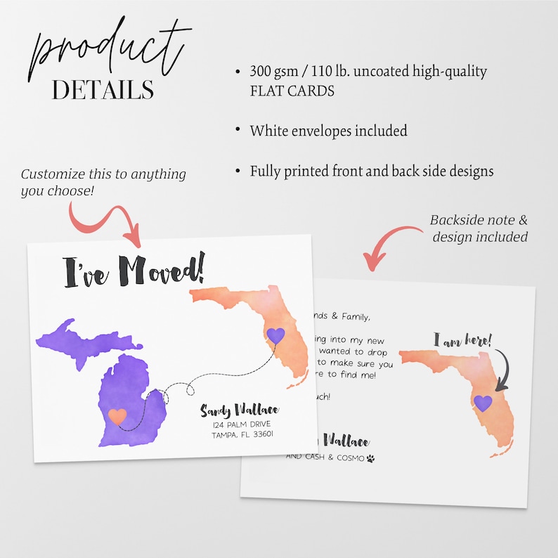 Puede incluir: Un conjunto de dos postales de anuncio de mudanza con ilustraciones de acuarela de Michigan y Florida. El frente de la tarjeta dice "&iexcl;Me mud&eacute;!" e incluye la nueva direcci&oacute;n. El reverso de la tarjeta dice "&iexcl;Estoy aqu&iacute;!" e incluye una nota para amigos y familiares. Las tarjetas est&aacute;n impresas en tarjetas planas de alta calidad sin recubrimiento de 300 g/m&sup2; / 110 lb e incluyen sobres blancos.