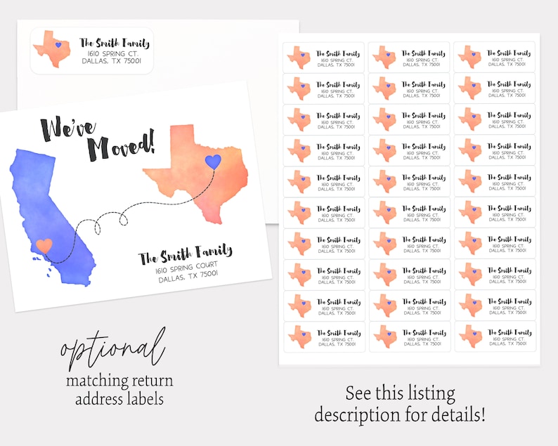Puede incluir: Una tarjeta de anuncio de mudanza con una ilustraci&oacute;n de acuarela de California y Texas con corazones. La tarjeta dice "We've Moved!" e incluye la direcci&oacute;n "The Smith Family, 1610 Spring Court, Dallas, TX 75000". La tarjeta tambi&eacute;n incluye una hoja de 24 etiquetas de direcci&oacute;n coincidentes con la misma ilustraci&oacute;n y direcci&oacute;n.
