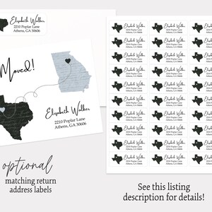 May include: A black and white moving announcement card with a map of Georgia and Texas. The card says "I've Moved!" and includes the new address for Elizabeth Walker. The card also includes a sheet of address labels with the same design.