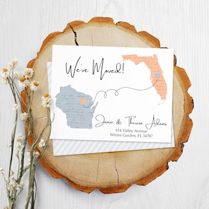 May include: A white card with a black and white illustration of a map of Wisconsin and Florida with a dotted line connecting the two states. The card says "We've Moved!" and includes the names "Janie & Theresa Adams" and their new address: "614 Valley Avenue, Winter Garden, FL 34787".