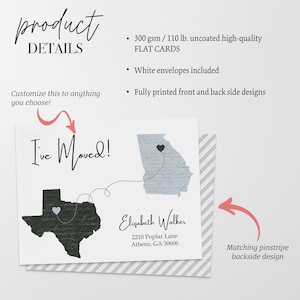 May include: A moving announcement card with a black and white outline of Texas and a blue and white outline of Georgia. The card says "I've Moved!" and includes the text "Elizabeth Walker, 2210 Poplar Lane, Athens, GA 30606".
