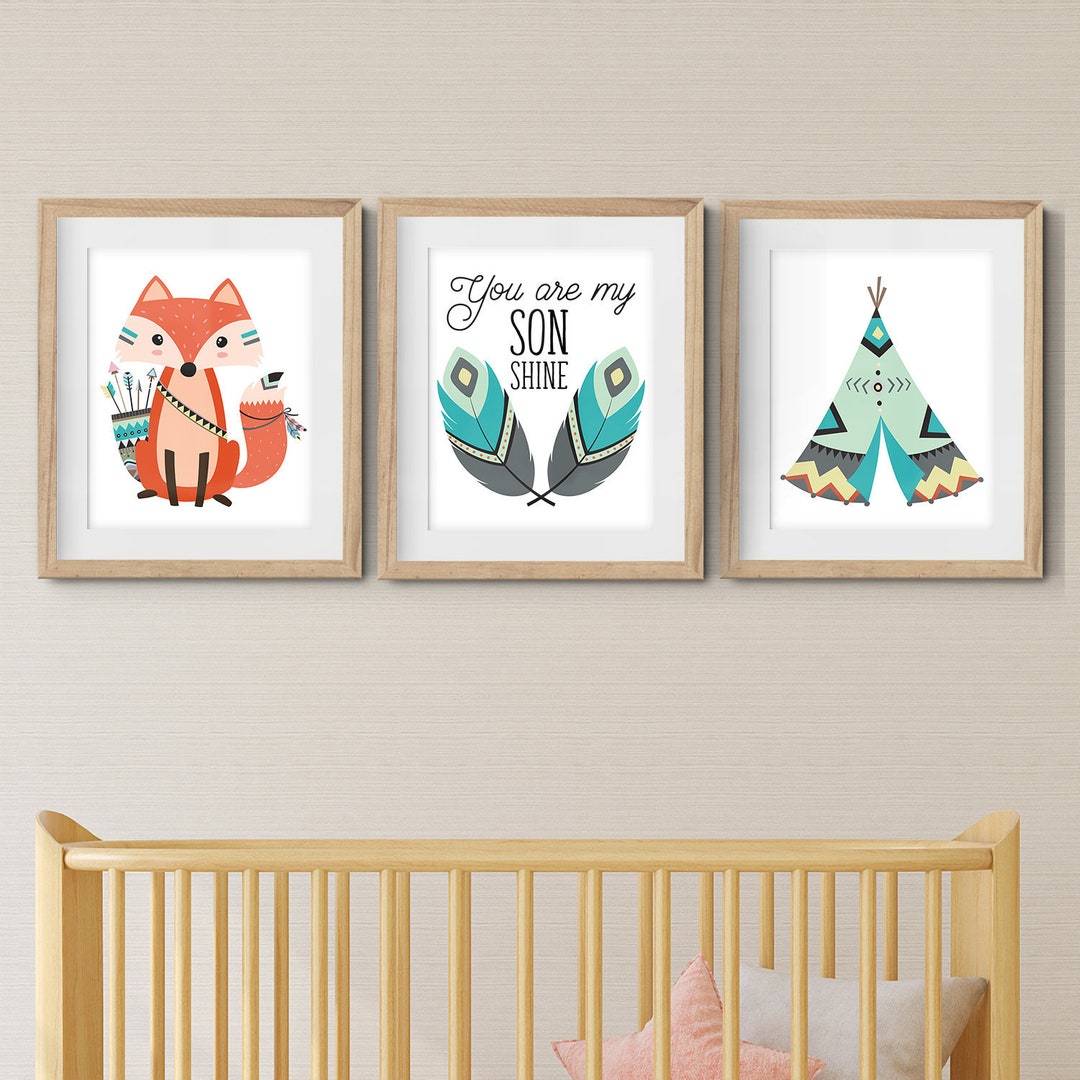Woodland Nursery Prints, Tribal Nursery Decor, Baby Boy Nursery ...