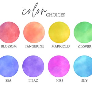 Puede incluir: Opciones de color para un proyecto de dise&ntilde;o, con muestras de acuarela en tonos de flor, mandarina, cal&eacute;ndula, tr&eacute;bol, mar, lila, beso y cielo.