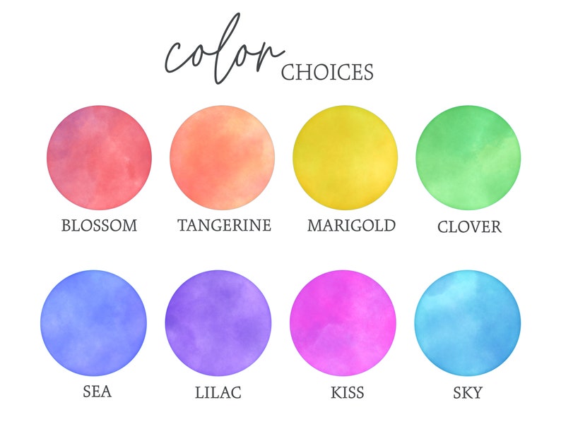 Puede incluir: Opciones de color para un proyecto de dise&ntilde;o, con muestras de acuarela en tonos de flor, mandarina, cal&eacute;ndula, tr&eacute;bol, mar, lila, beso y cielo.