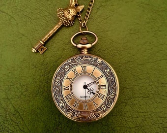 Alice in Wonderland Pocketwatch Necklace with White Rabbit Key