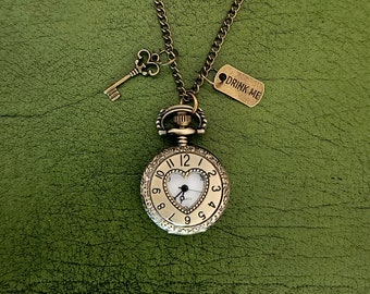 Alice in Wonderland Heart Pocketwatch Necklace - Vintage Style with Antique Key and Drink Me Charm