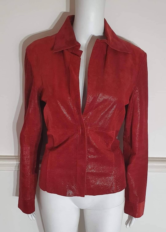 Mango MNG Red Genuine Leather Jacket With Shimmer Etsy