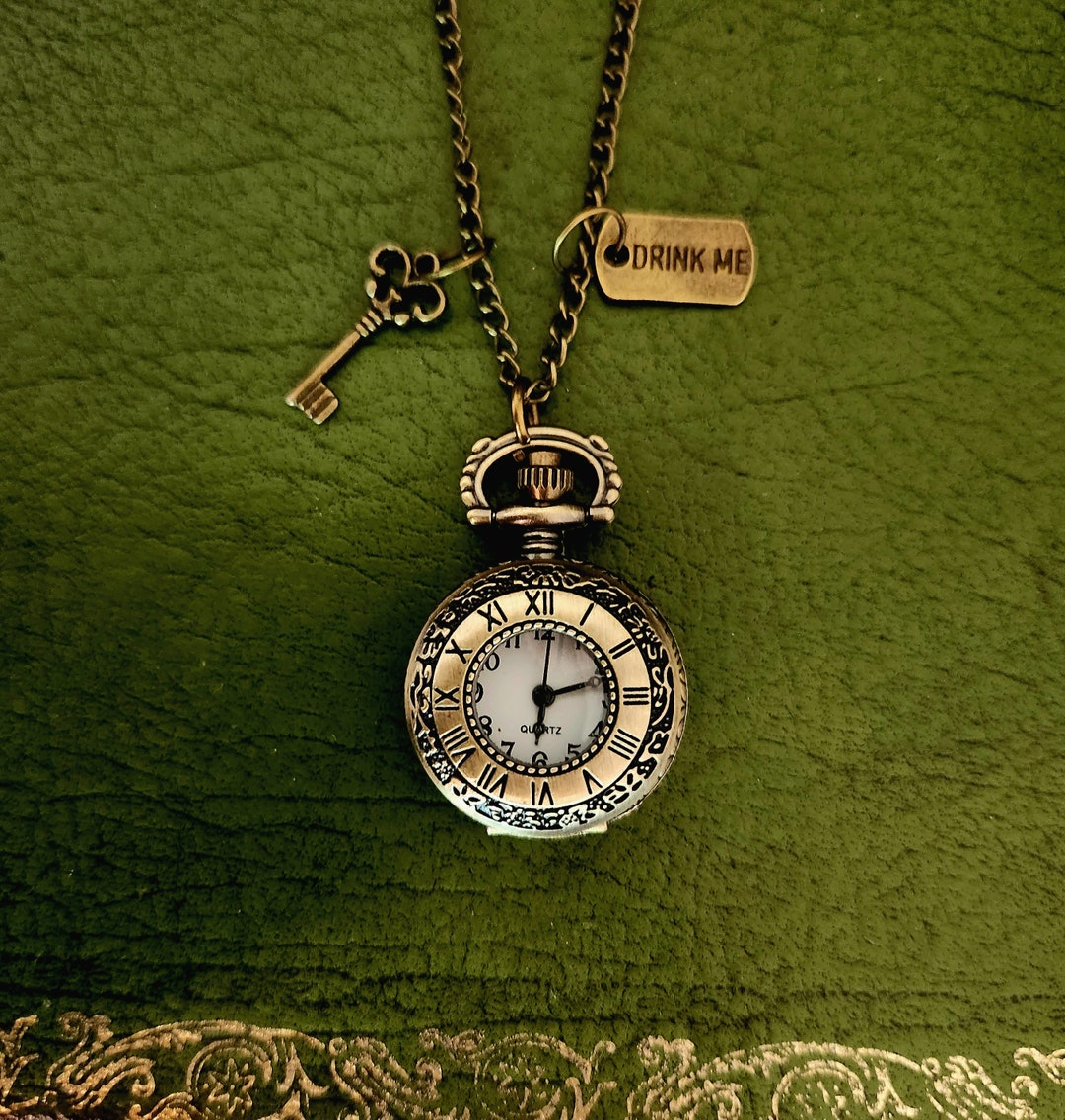 Quartz Pocket Watch Necklace Vintage Alice in Wonderland Drink Me Drink Me Alice In Wonderland Circle Shape Quartz Pocket  main image 4
