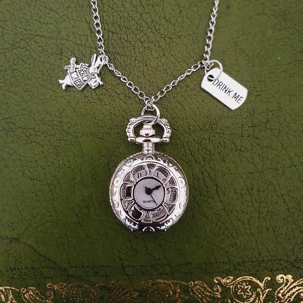 Alice in Wonderland Pocketwatch Necklace with 'Drink Me' and White Rabbit Charms