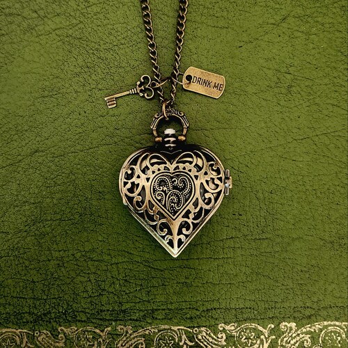 Alice in Wonderland Heart Shaped Bronze Pocketwatch Necklace  display picture 1