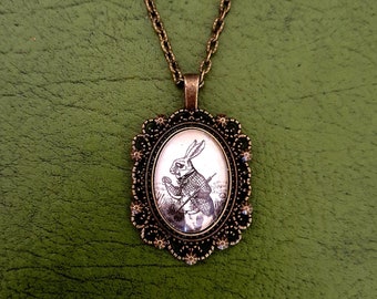 Alice in Wonderland White Rabbit Bronze Pendant Necklace - Cameo Vintage Style - Retro - Unique Gift