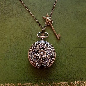 Alice in Wonderland Pocketwatch Necklace with White Rabbit Key image 1