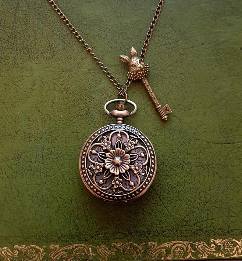 Alice in Wonderland Pocketwatch Necklace with White Rabbit Key image 1