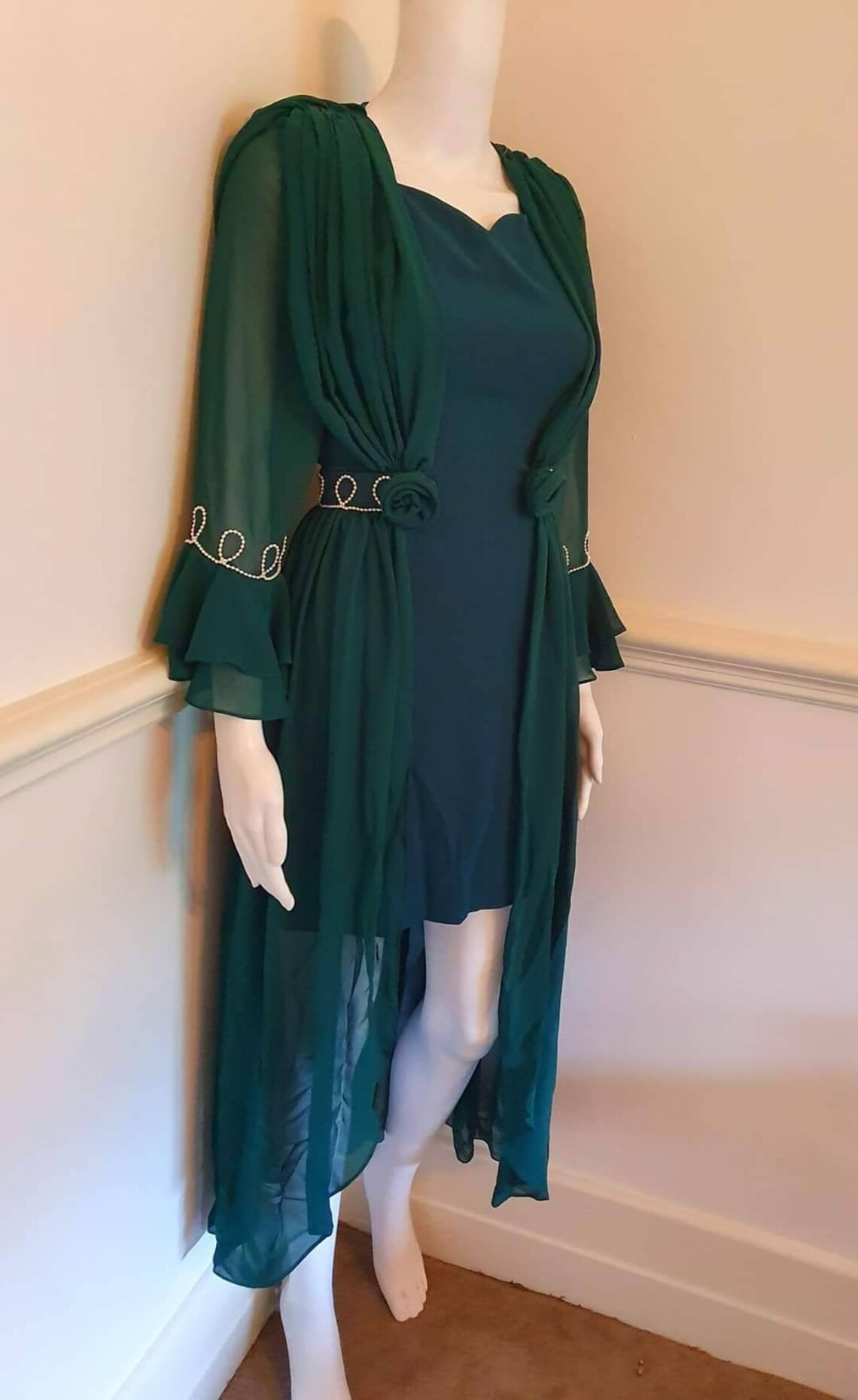 Forest Green Vintage Dress With Beaded Detail Unique Rare