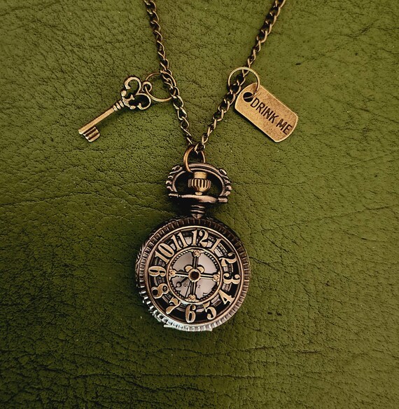 Alice in Wonderland Vintage Style Pocketwatch Necklace With Antique Key and Drink Me Charm Etsy