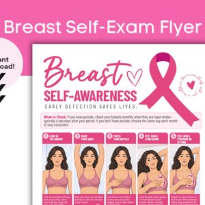 Könnte beinhalten: Ein weißer Informationsflyer mit dem Titel Breast Self-Awareness und einer rosa Schleife. Er zeigt fünf illustrierte Schritte zur Durchführung einer Brustselbstuntersuchung, darunter das Betrachten im Spiegel, das Heben der Arme, das Prüfen der Brustwarzen sowie das Abtasten im Liegen oder Stehen.