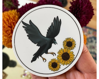 Crow with sunflower circle sticker - 3 inch sticker