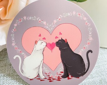 Cat lovers 3x3 in circle sticker - black cat white cat love durable weather proof