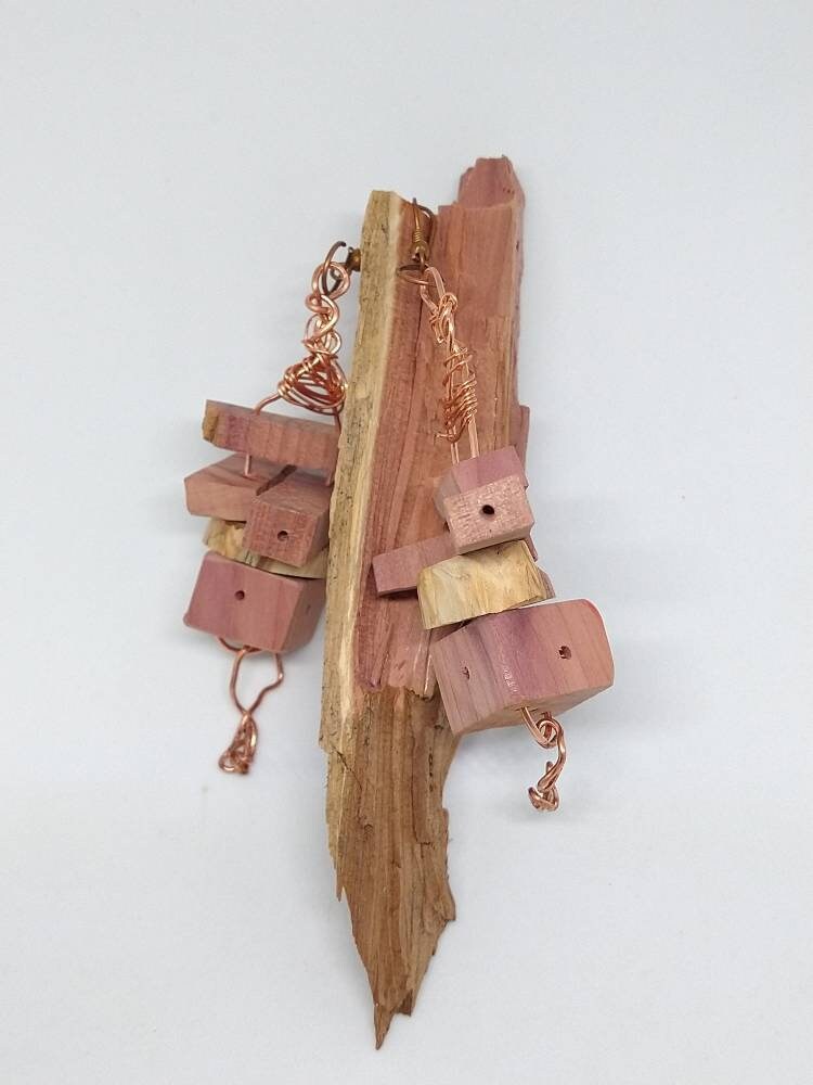 Funky moving Cedar earrings made out of real cedar wood with aromatic smell handmade unique one of a kind. Embrace nature be natural.