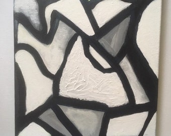 May include: Abstract painting on canvas with a geometric design. The artwork features a network of thick black lines that define irregular shapes filled with white, gray, and light green hues. The canvas is rectangular.