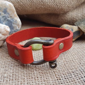 Red Leather Bracelet with Metal Shackle Clasp