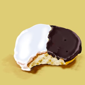 May include: A half-eaten black and white cookie with a white icing on one side and chocolate icing on the other side.